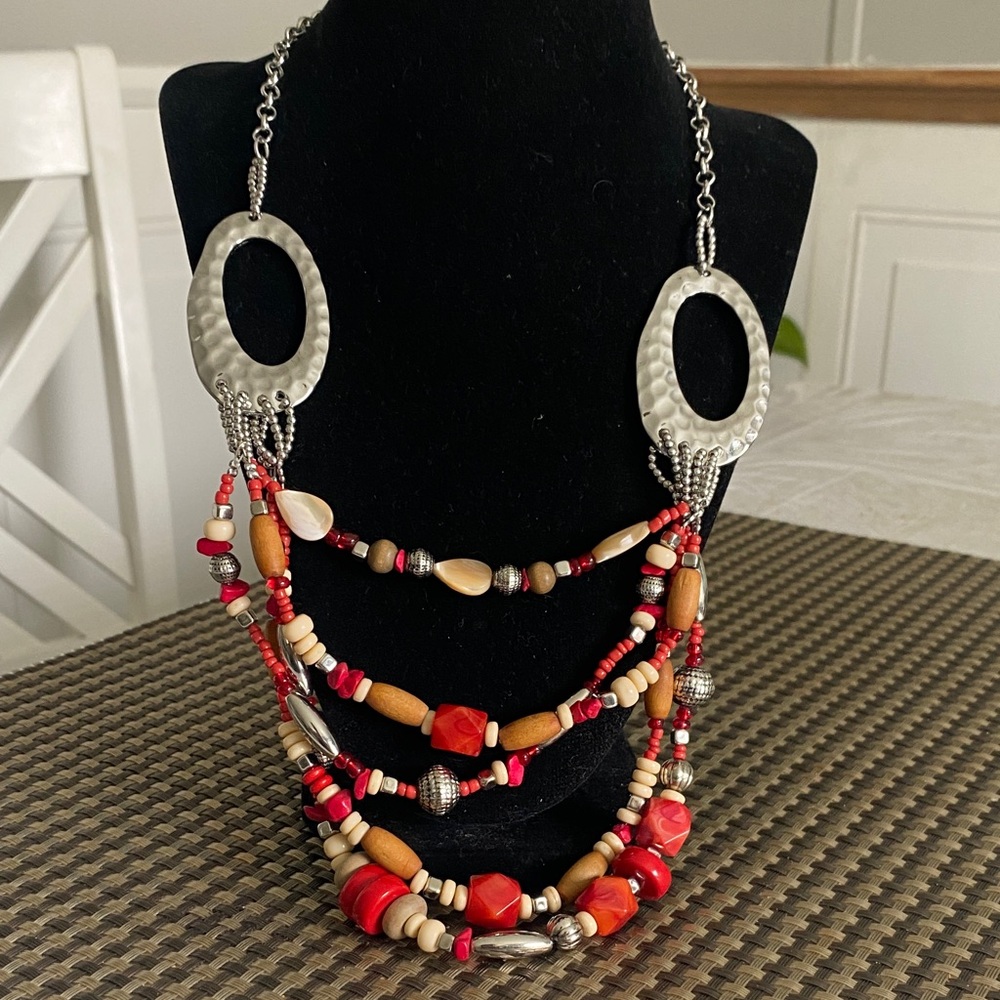 Multi-Strand Red & Natural Bead Necklace with Hammered Silver Ovals